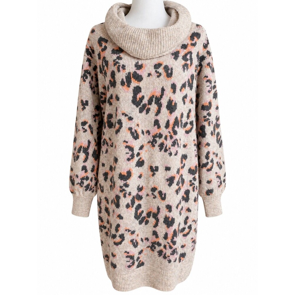 Anthropologie Leopard Print Cowl Neck Sweater Dress Size M Cozy OversizedCozy